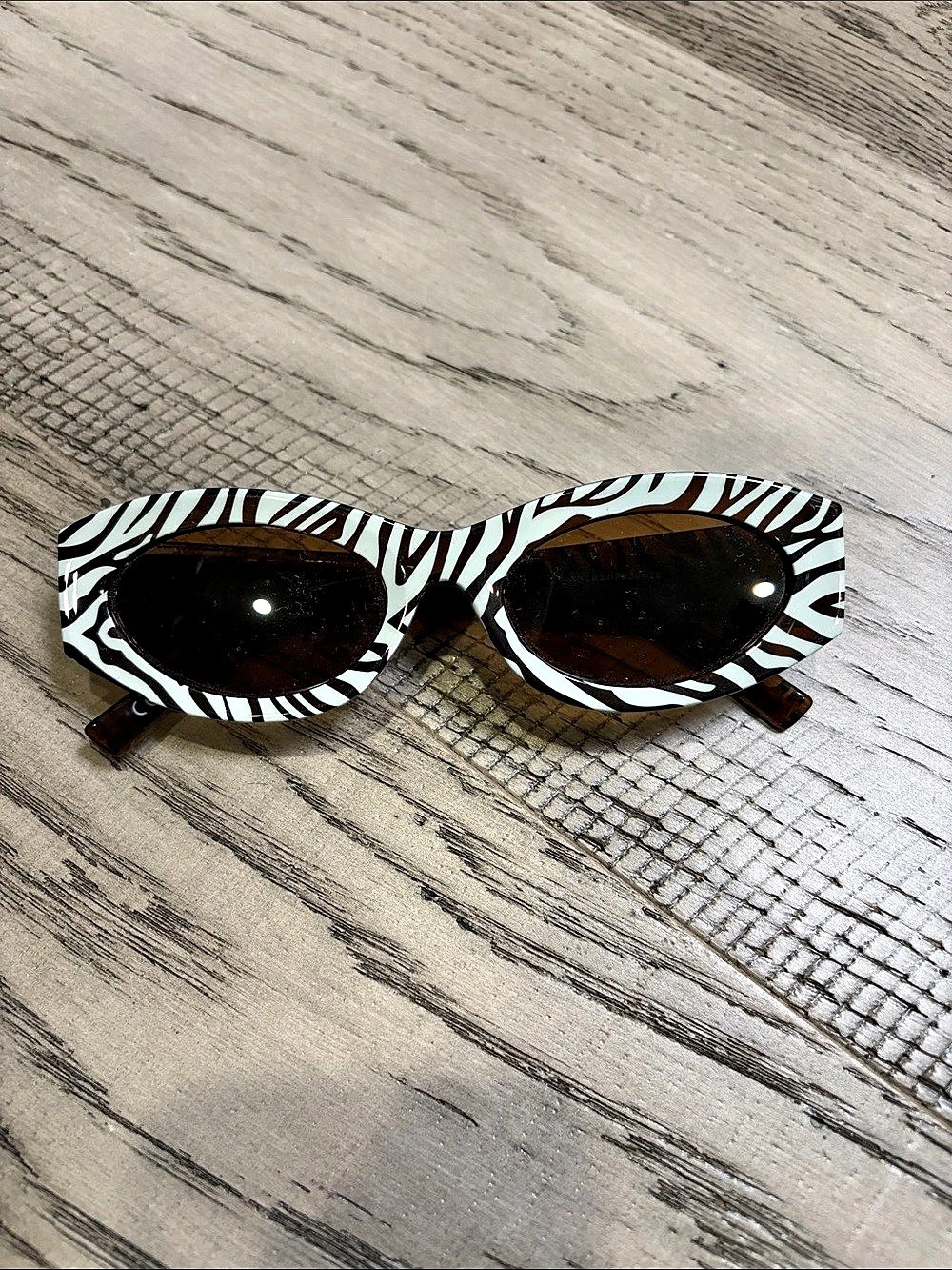 Anthropologie Brown and White Zebra Print Oval Slim East-West Sunglasses